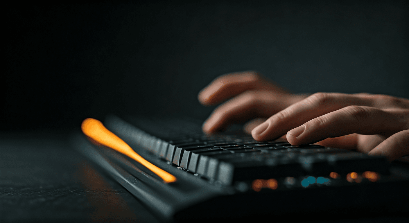 Fast typist with blurred fingers on a keyboard reaching high speed