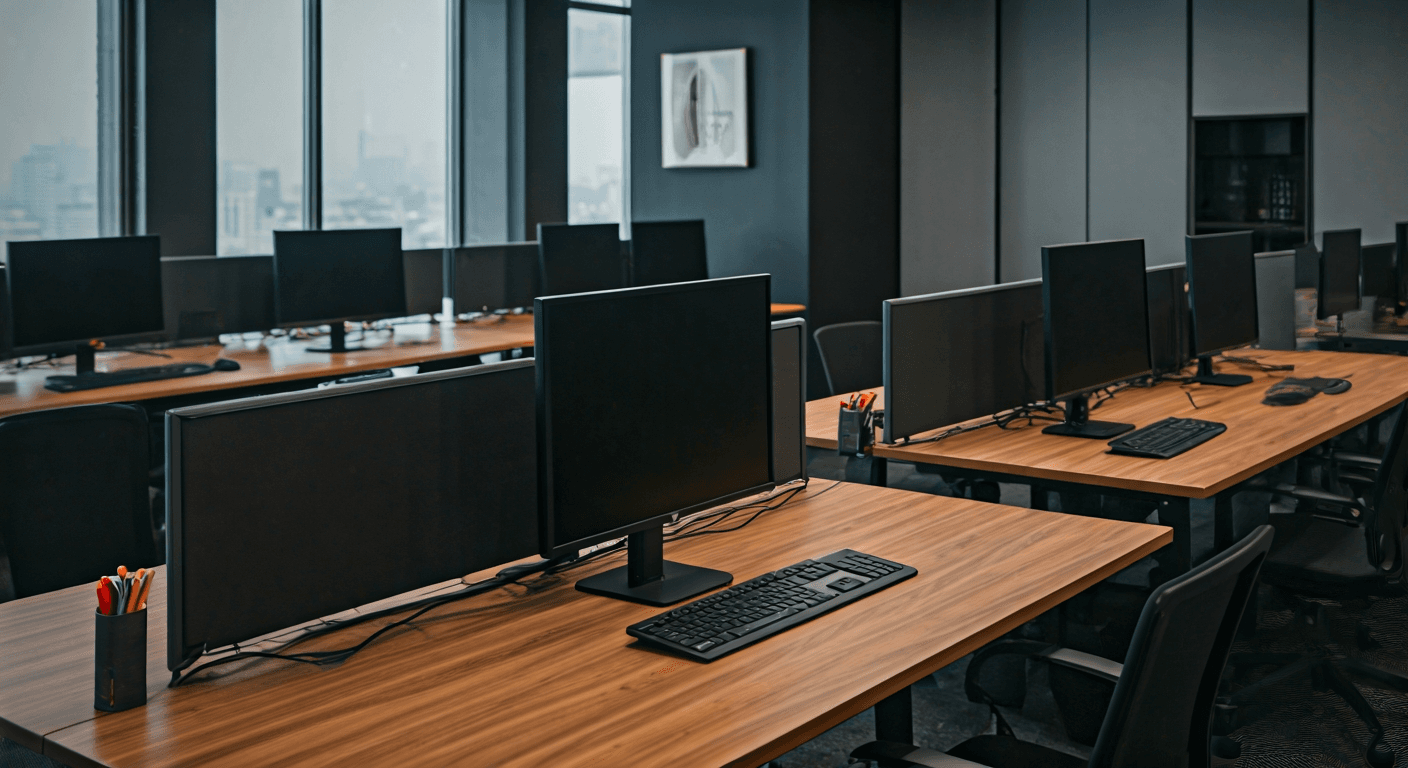 Office worker typing efficiently at a desk with multiple monitors