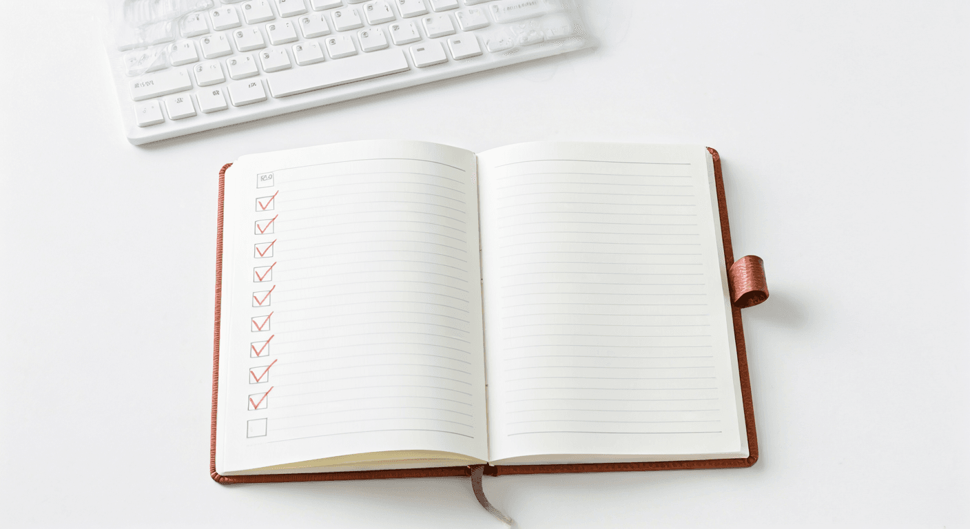 Hands positioned correctly on keyboard with a weekly calendar in the background