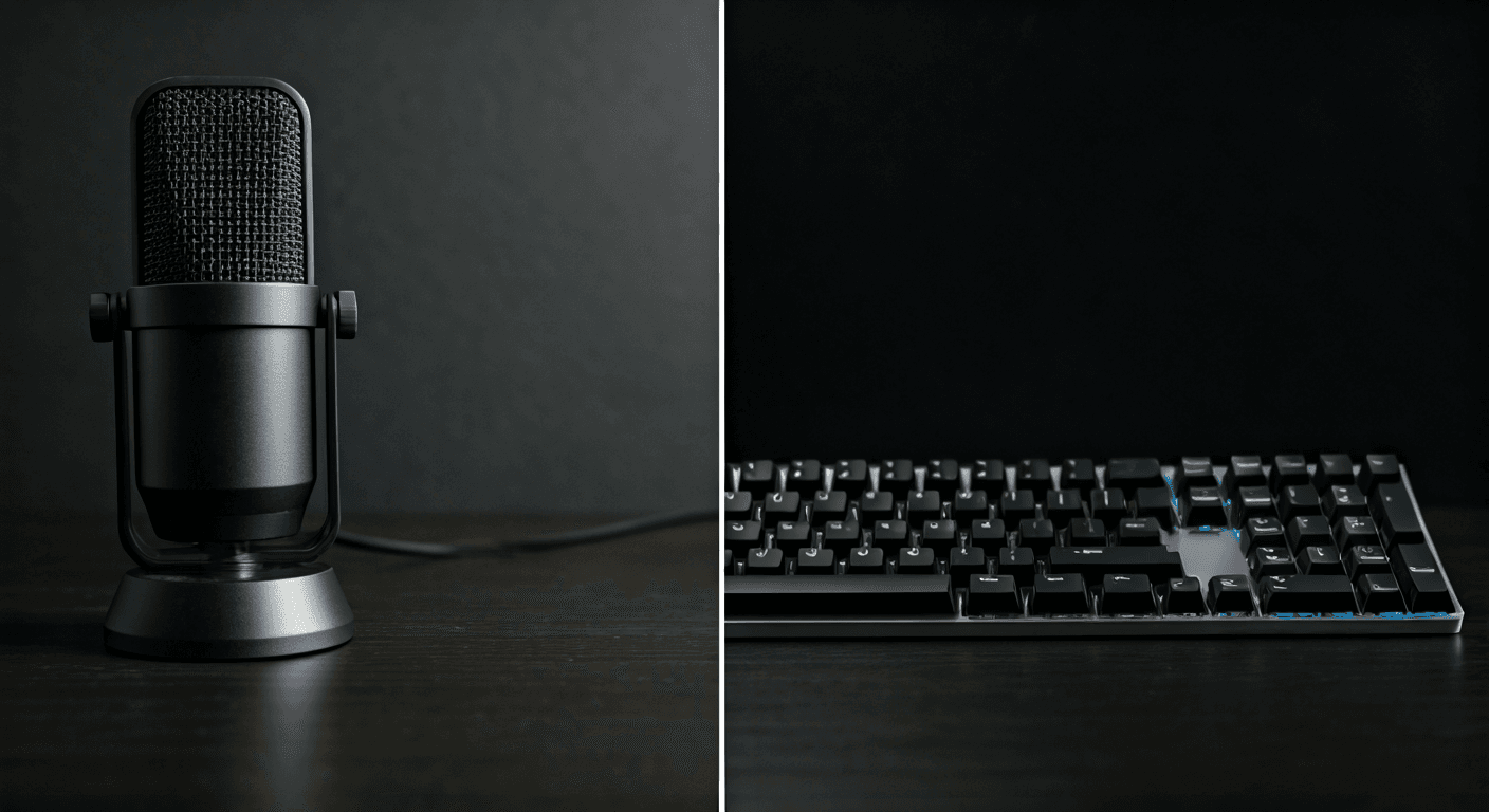 Split view comparing someone speaking into a microphone and someone typing on a keyboard