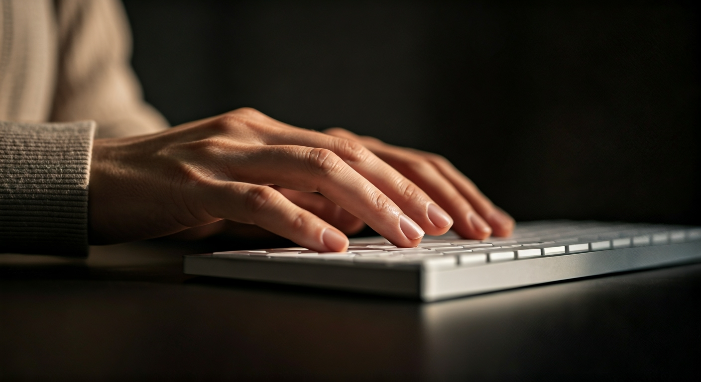 Calm hands over a keyboard with soft morning light
