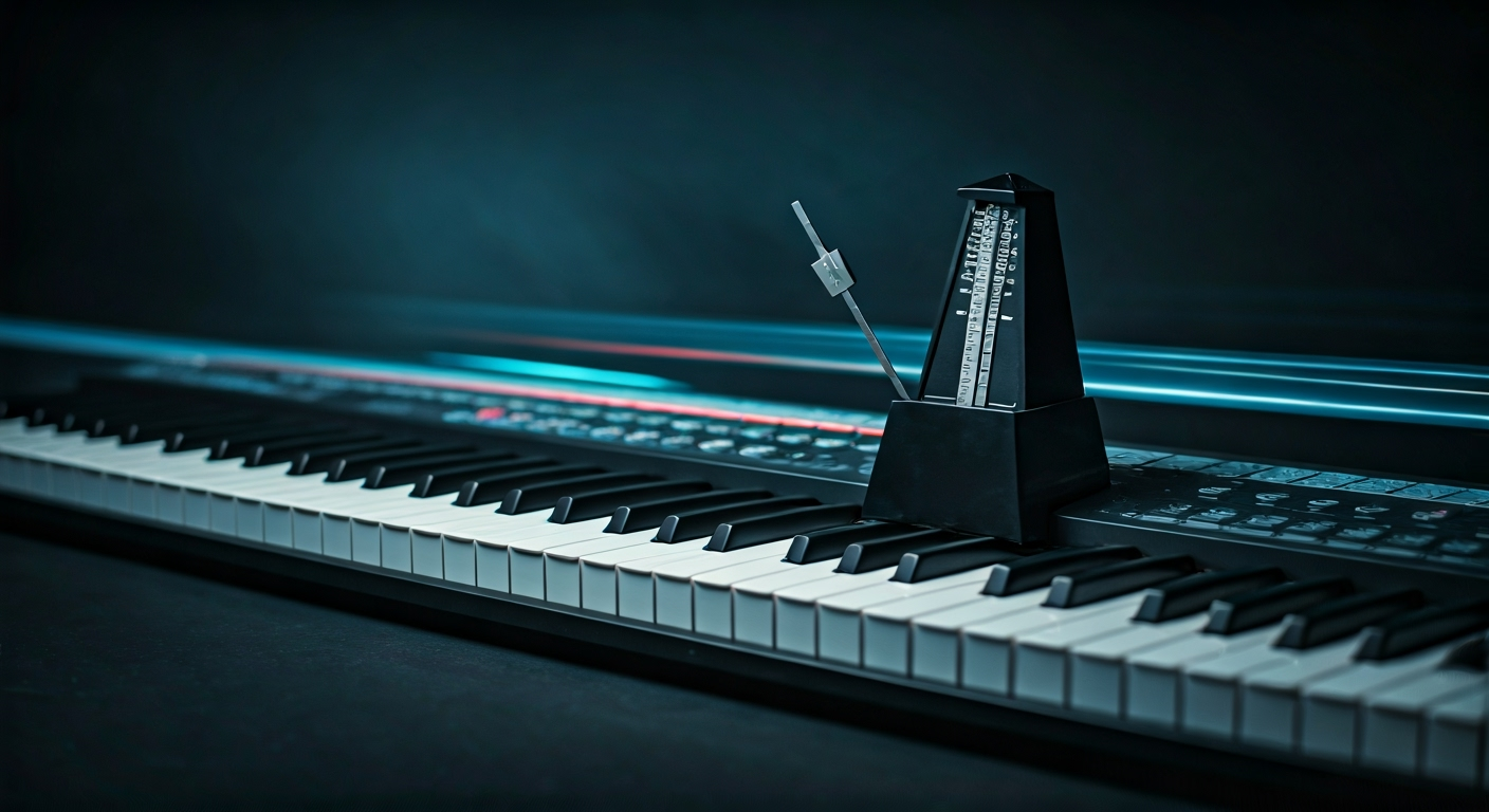 Metronome next to a keyboard with light trails