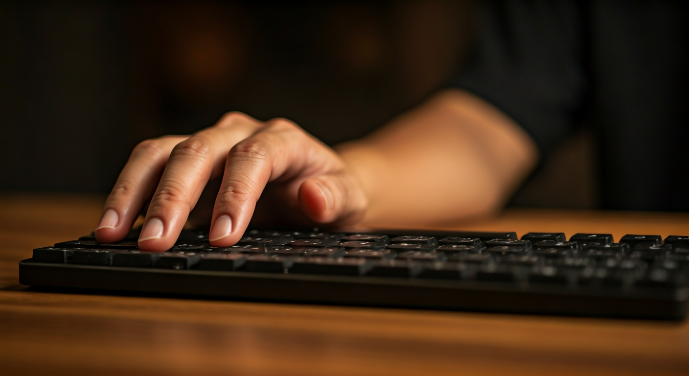 Person typing confidently with one hand