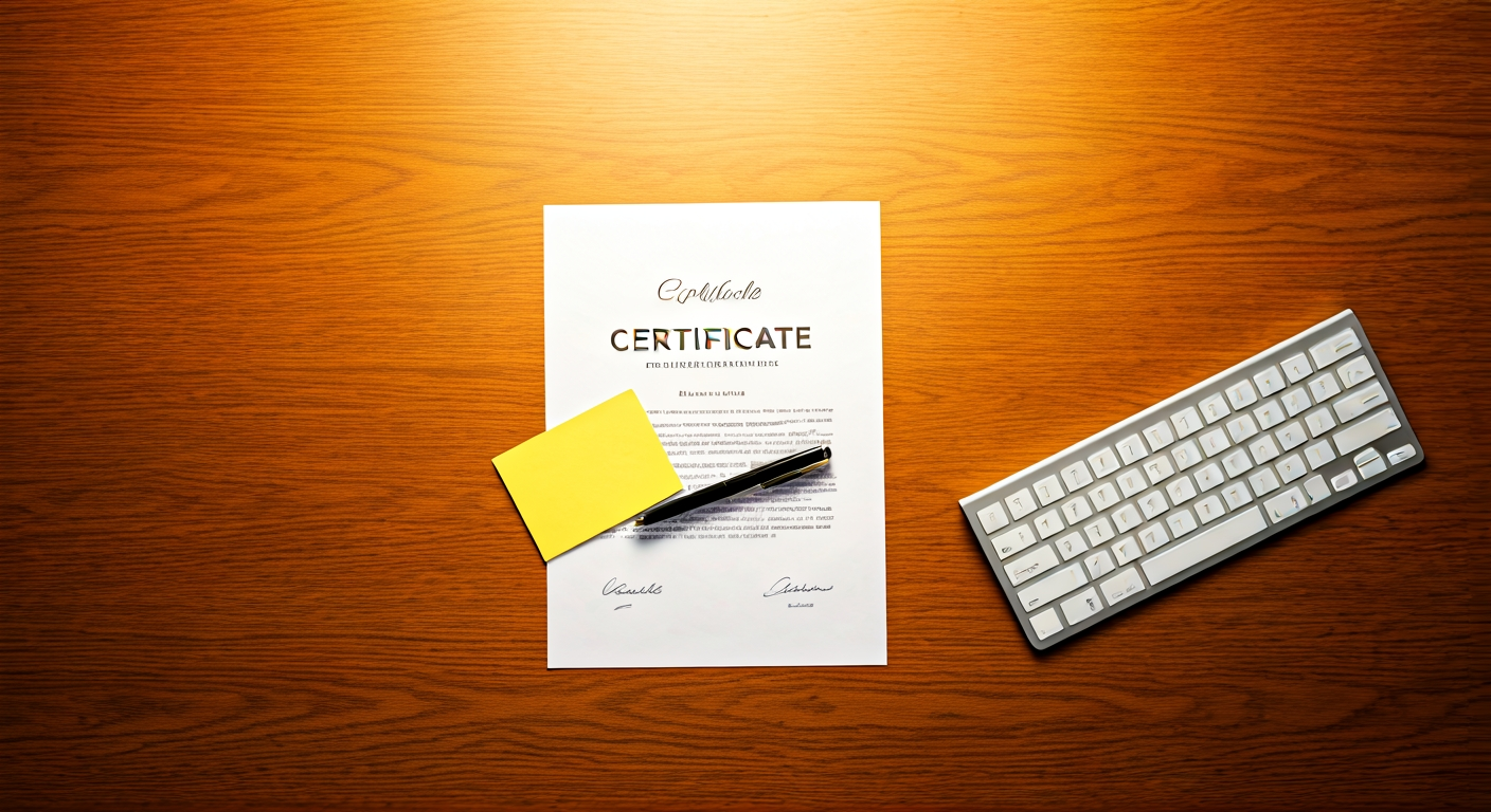 Typing certificate document on a desk