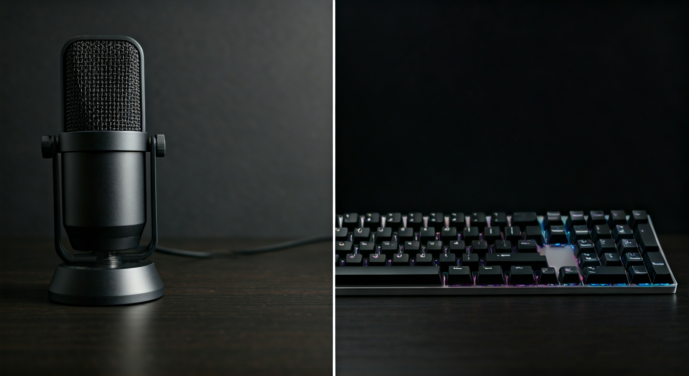 Microphone next to a keyboard showing two input methods