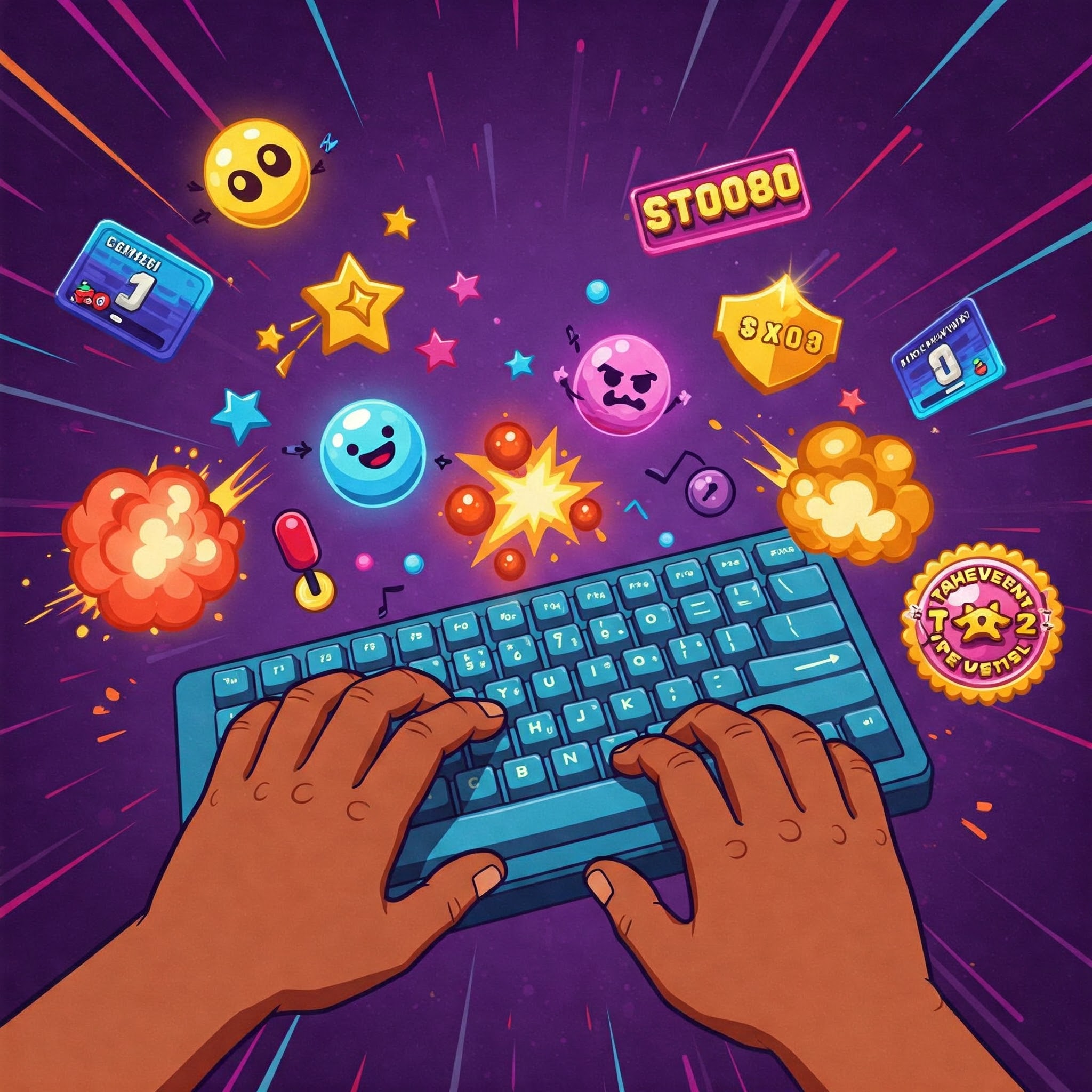 Hands typing on a keyboard surrounded by game elements and arcade-style effects